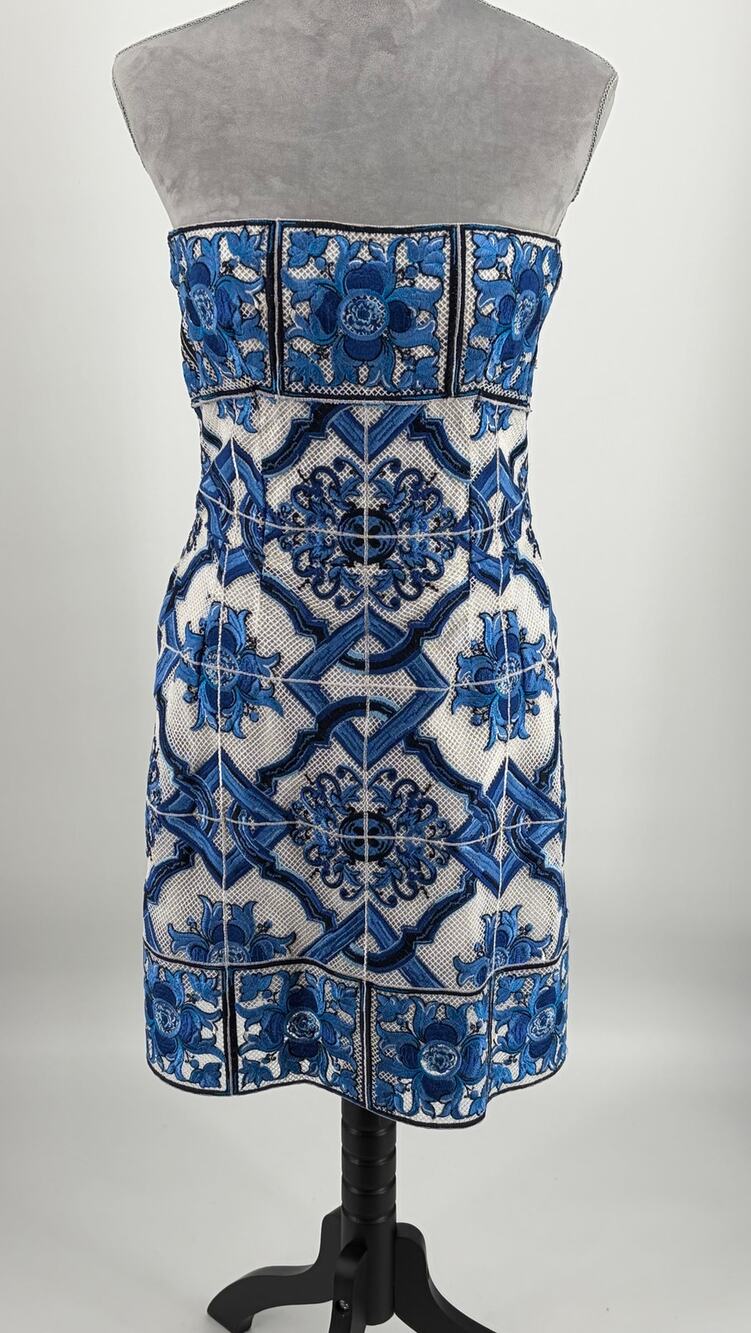 DOLCE & GABBANA Blue White Majolica Tile Embroidered Strapless Dress IT 46